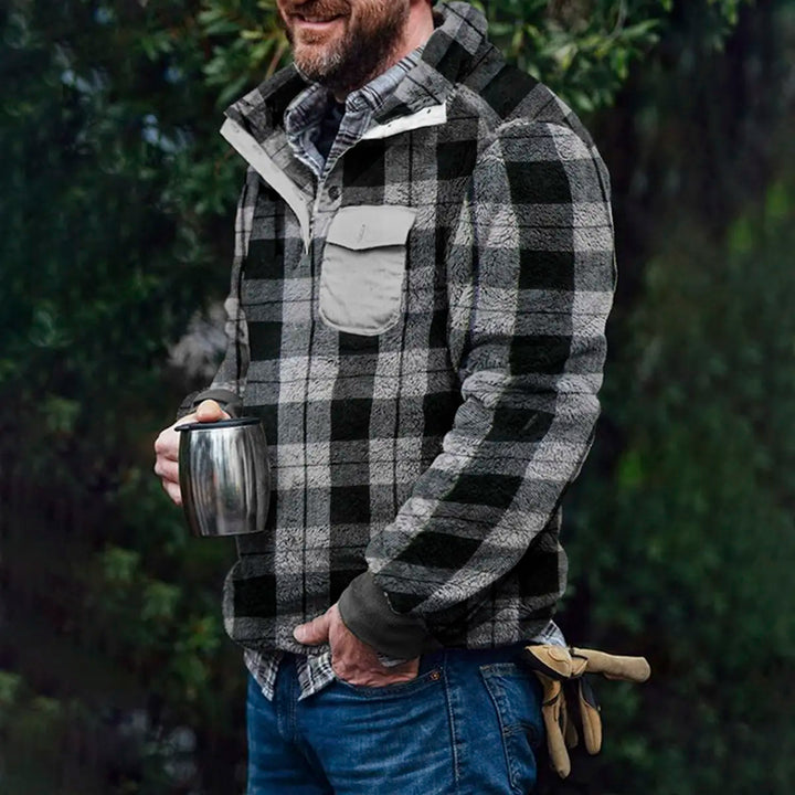 Black & Gray Plaid Winter Flannel Men's Pullover Jacket