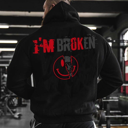 Vintage I'm Broken Letters Skull Print Men‘s Hoodie