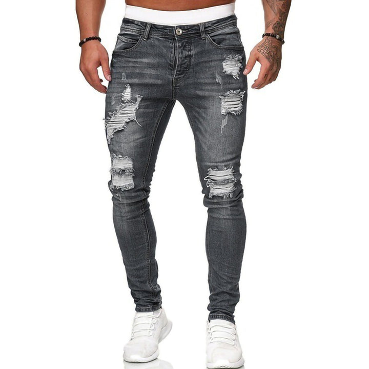 Ripped grinding white hole slim fashion men's jeans