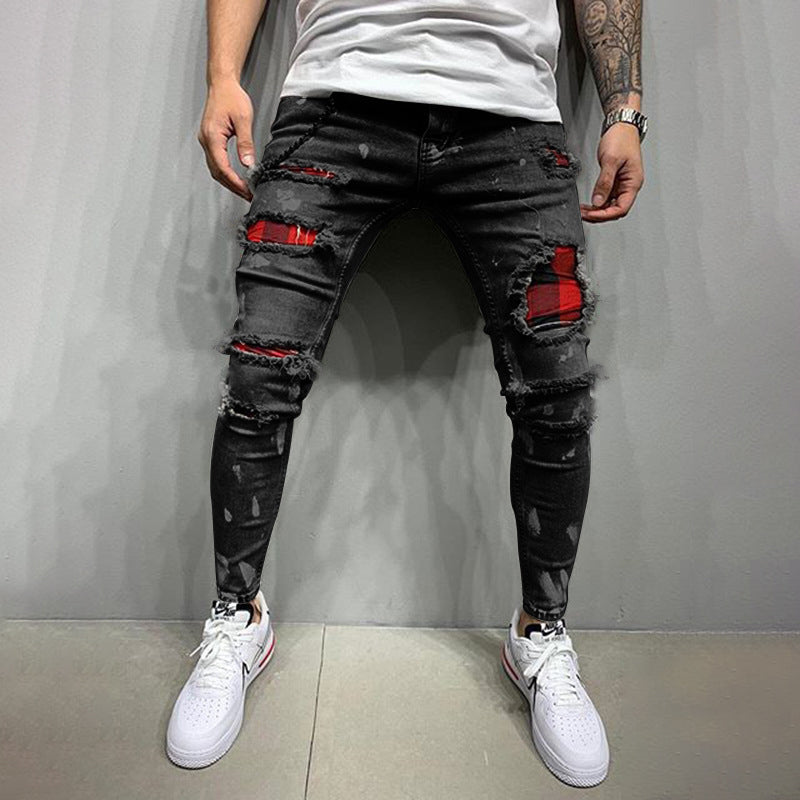 Ripped patchwork slim men's jeans